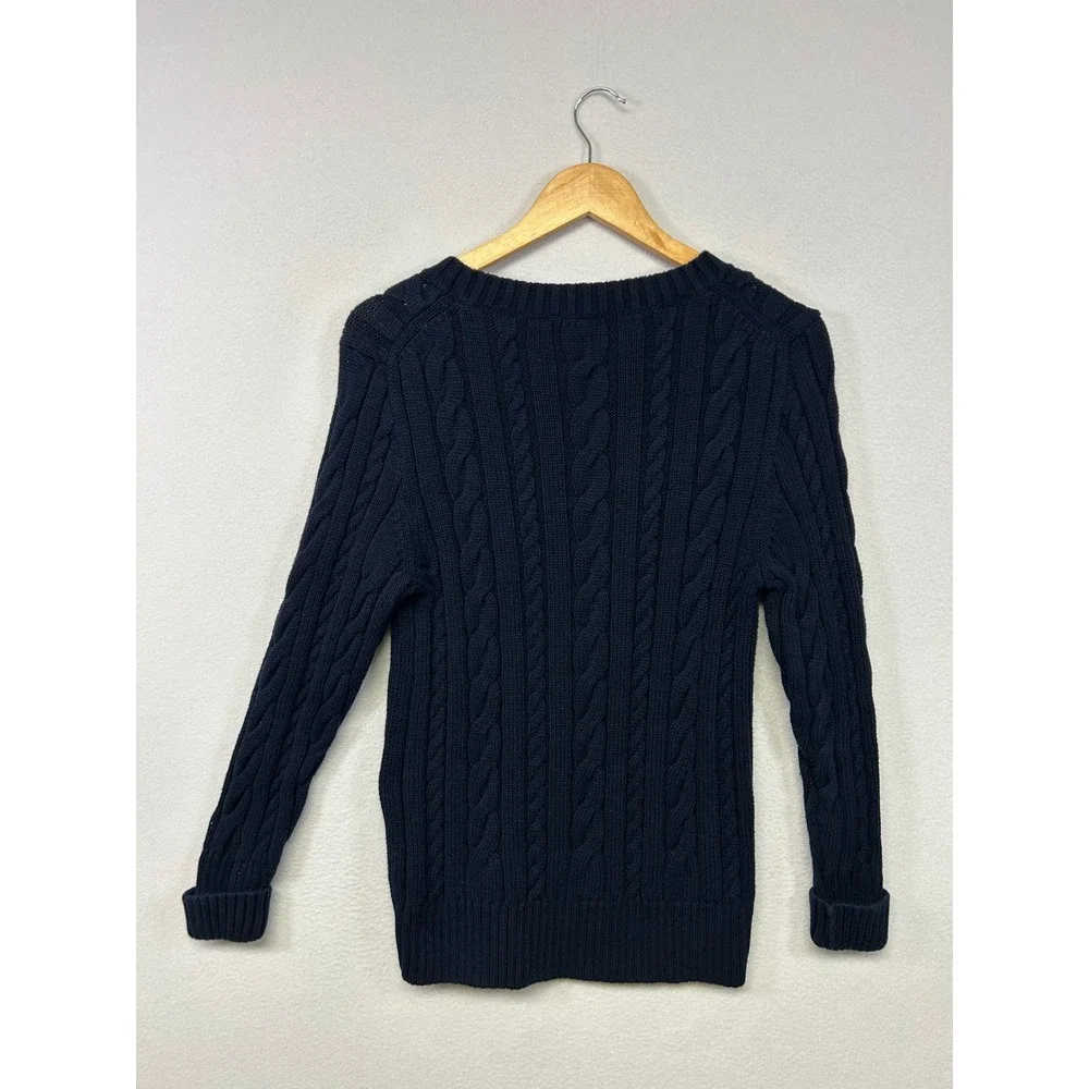 Preppy J.Crew Womens Large Navy Blue Cable Knit Cotton Crewneck Sweater 65042